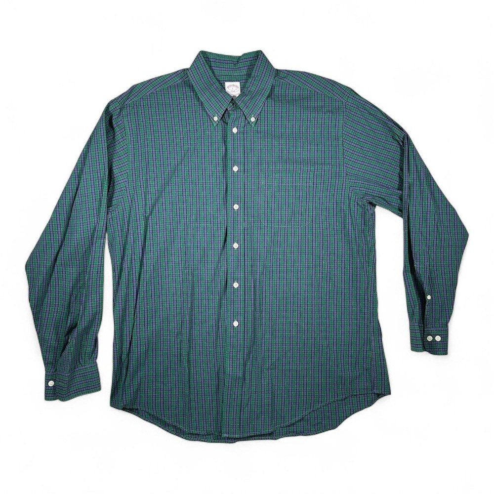 Brooks Brothers 346 Mens Large Green Purple Plaid Cotton Button Down Shirt EUC
